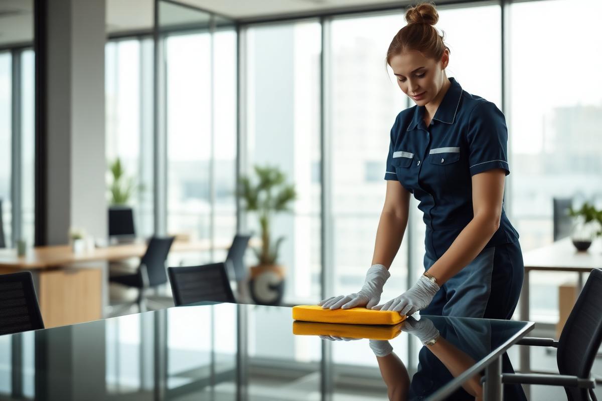Profissional uniformizada higienizando mesa em escritório corporativo