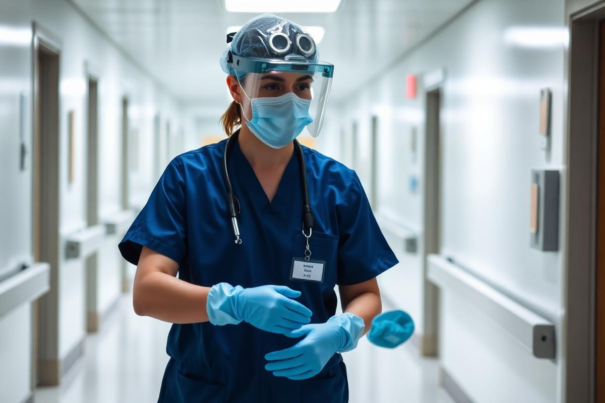 Profissional com equipamento de proteção em corredor hospitalar
