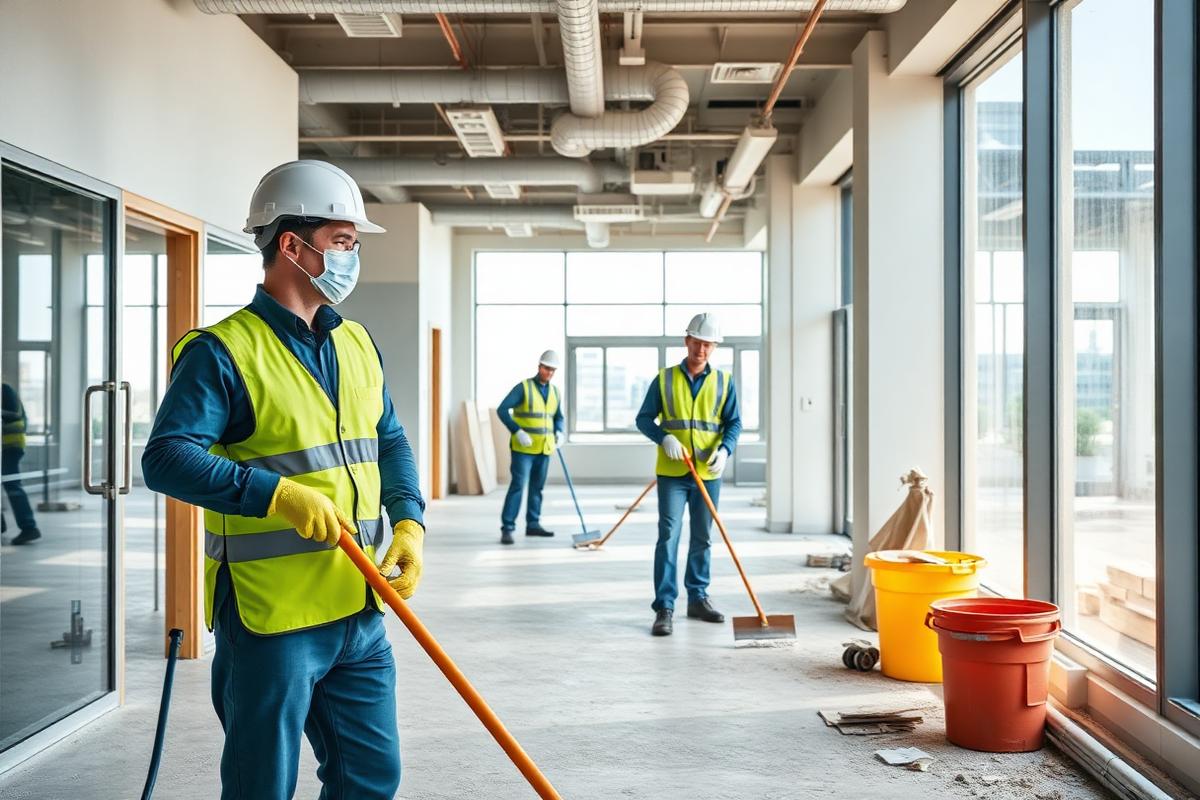 Equipe uniformizada realizando limpeza pós-obra em espaço comercial novo